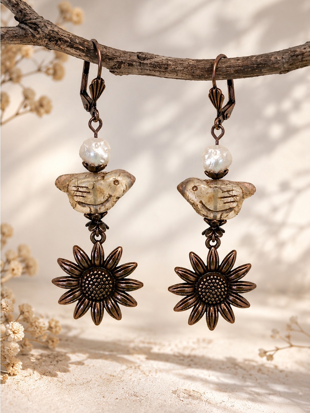 Czech Glass Bird & Freshwater Pearl Sunflower Earrings